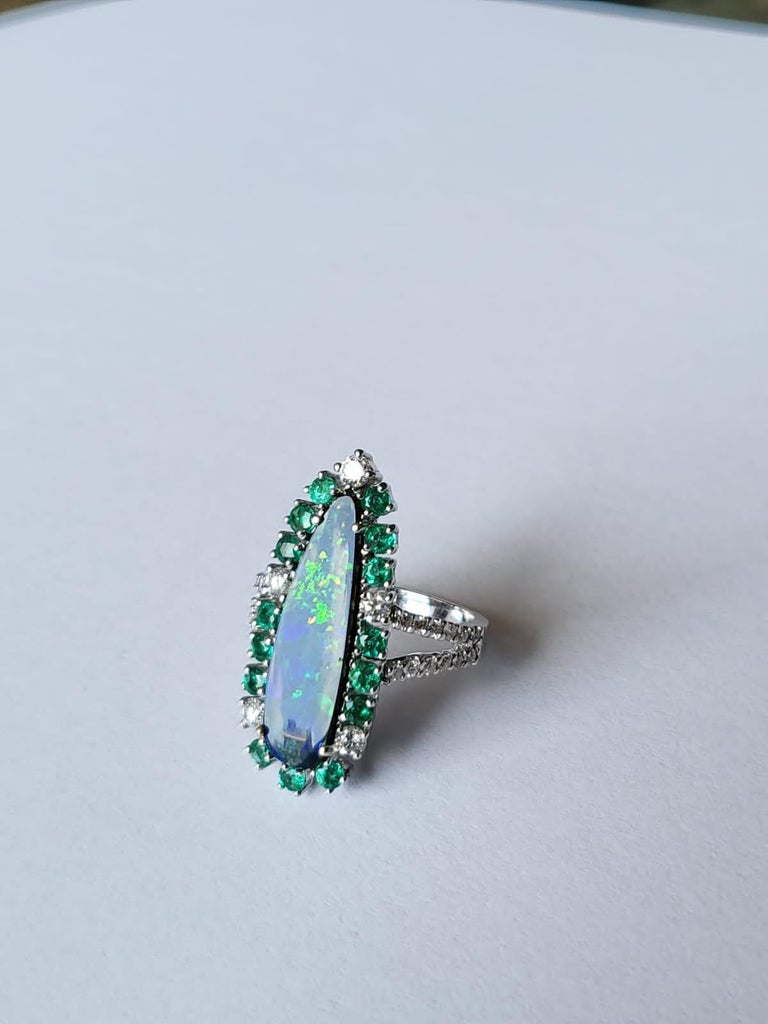 3.30 Carats, Australian Doublet Opal, Emerald & Diamonds Cocktail Ring