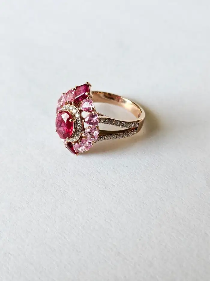 Set in 18K Gold, natural Mozambique Ruby, Pink Sapphire & Diamonds Cocktail Ring