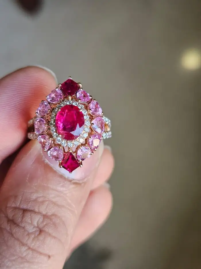 Set in 18K Gold, natural Mozambique Ruby, Pink Sapphire & Diamonds Cocktail Ring