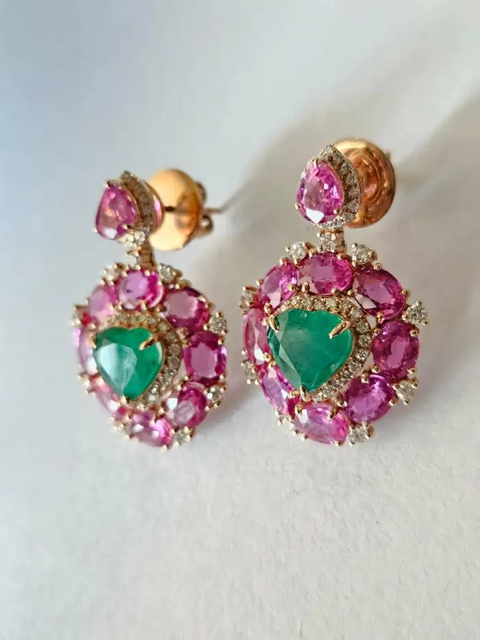 Natural Heart Shape Zambian Emerald & Pink Sapphire Dangle Earrings - 18k Rose Gold Diamond Earrings - Anniversary Gift For Wife