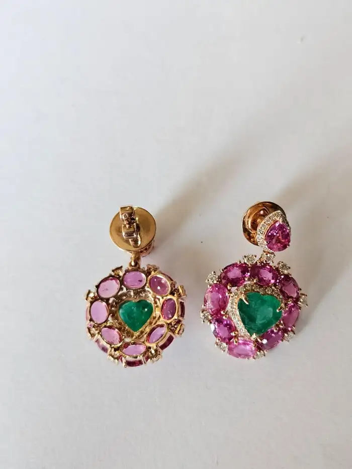 Natural Heart Shape Zambian Emerald & Pink Sapphire Dangle Earrings - 18k Rose Gold Diamond Earrings - Anniversary Gift For Wife
