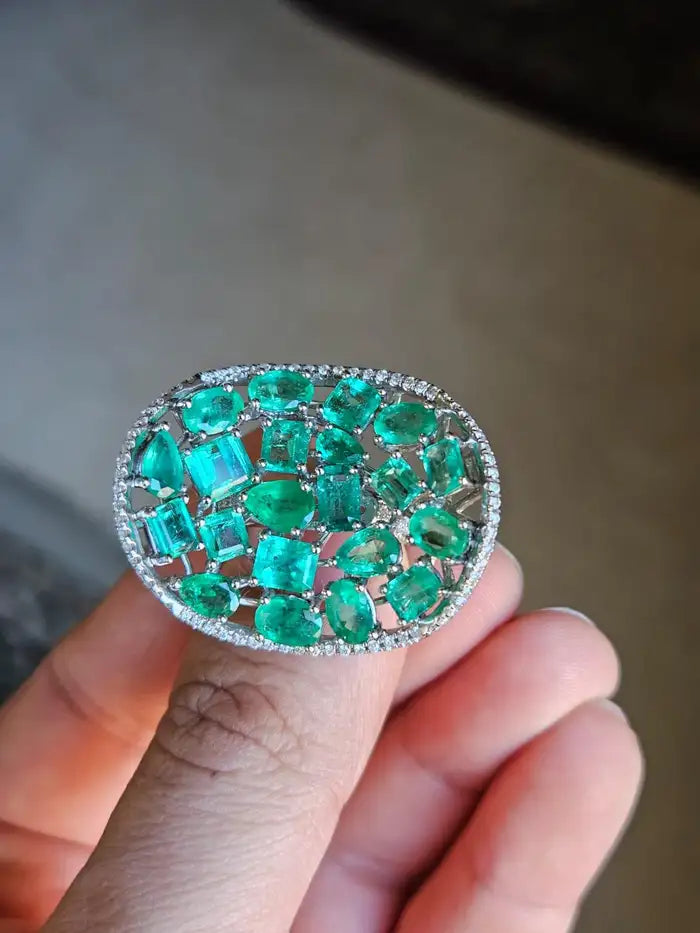 18k White Gold Handmade Statement Ring - Natural Zambian Emerald & Diamond Wedding Ring