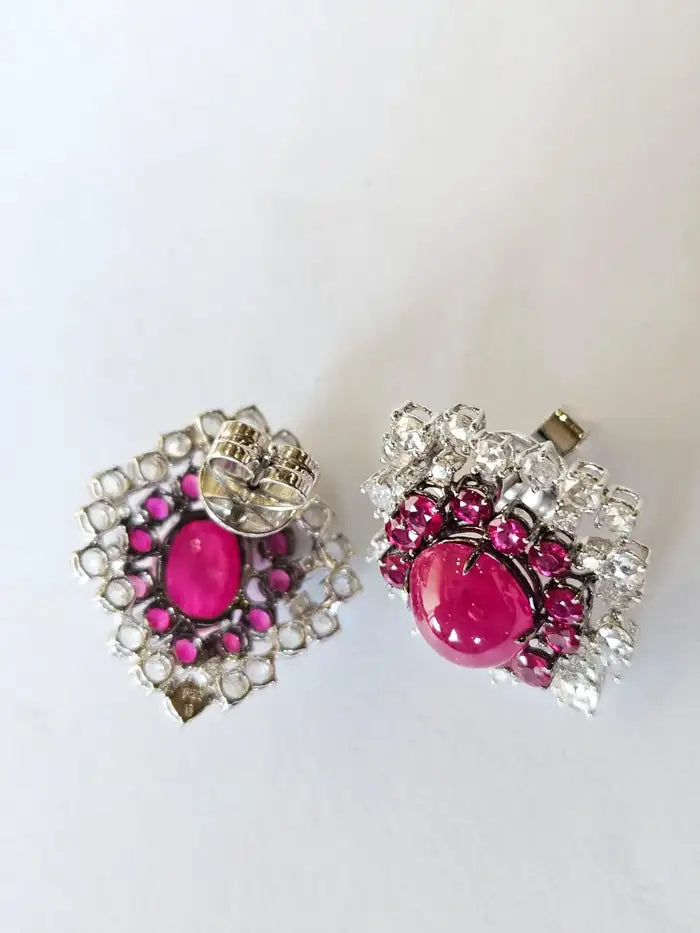 13.87 Ct. Mozambique Ruby & Rose Cut Diamonds Stud Earrings - 18k White Gold Handmade Stud Earrings