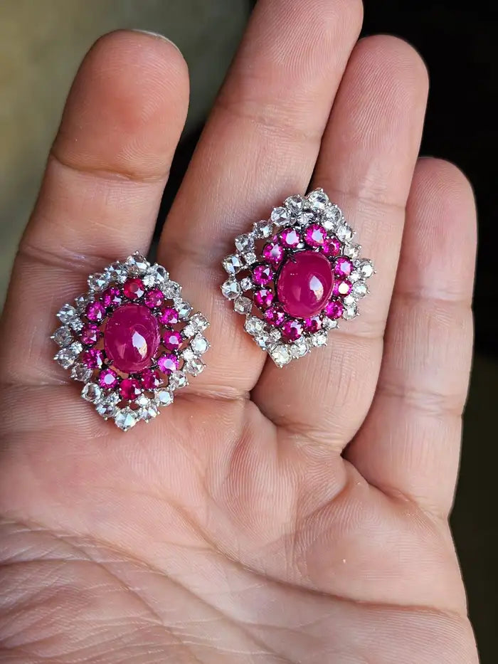 13.87 Ct. Mozambique Ruby & Rose Cut Diamonds Stud Earrings - 18k White Gold Handmade Stud Earrings