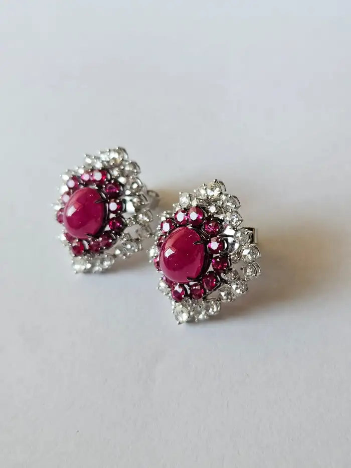 13.87 Ct. Mozambique Ruby & Rose Cut Diamonds Stud Earrings - 18k White Gold Handmade Stud Earrings