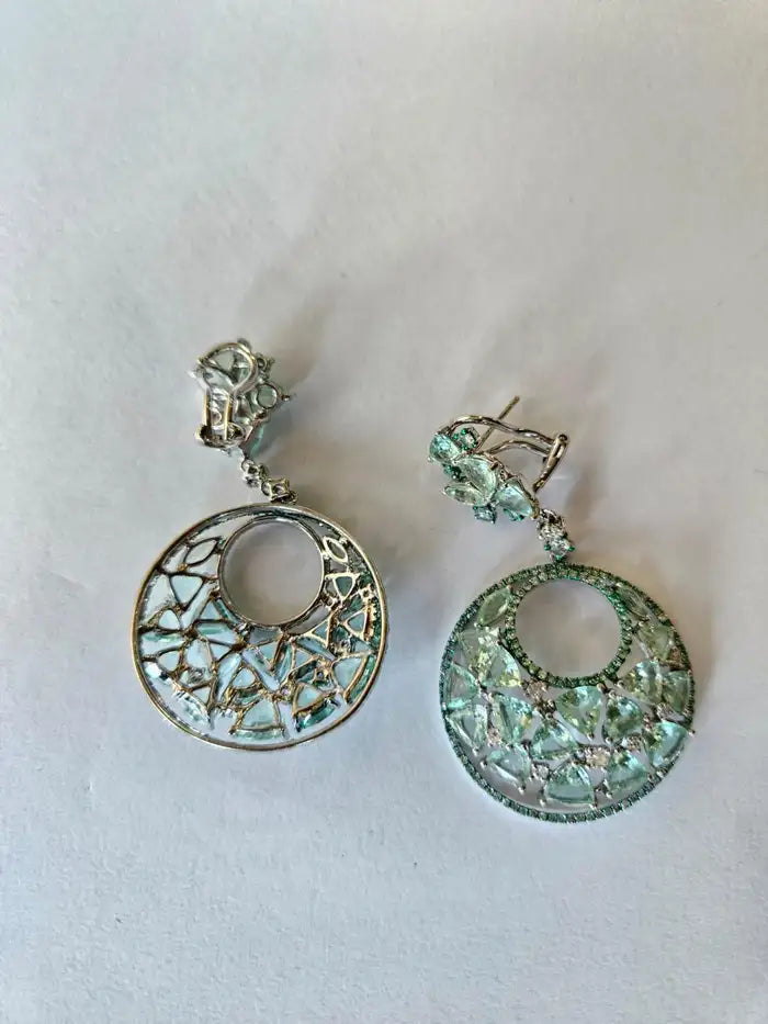 14.15 Ct. Paraiba Tourmaline & Diamonds Chandelier Earrings - 18k White Gold Handmade Dangle Earrings