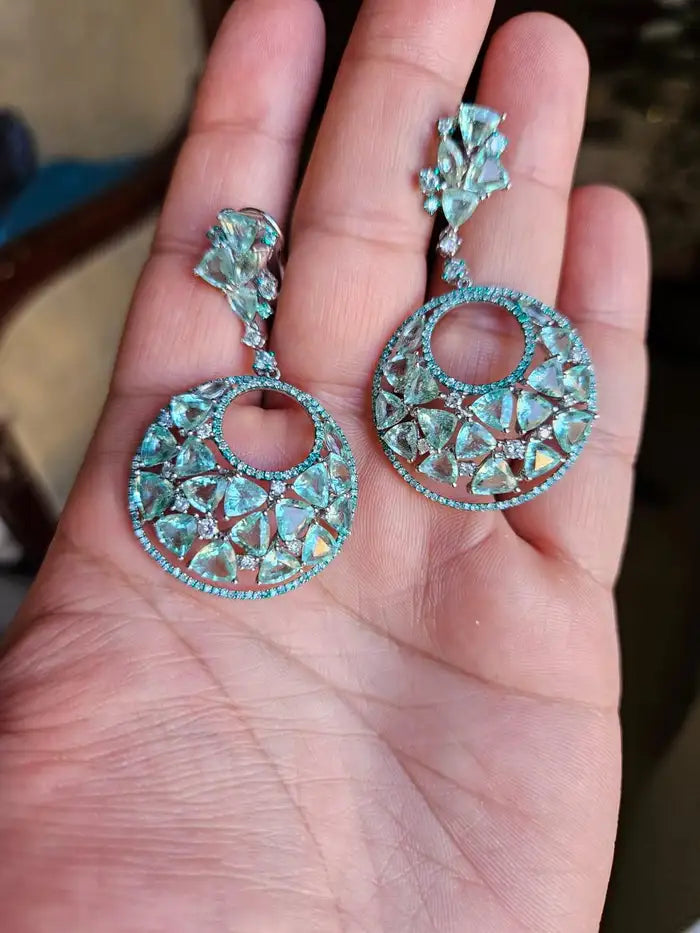 14.15 Ct. Paraiba Tourmaline & Diamonds Chandelier Earrings - 18k White Gold Handmade Dangle Earrings