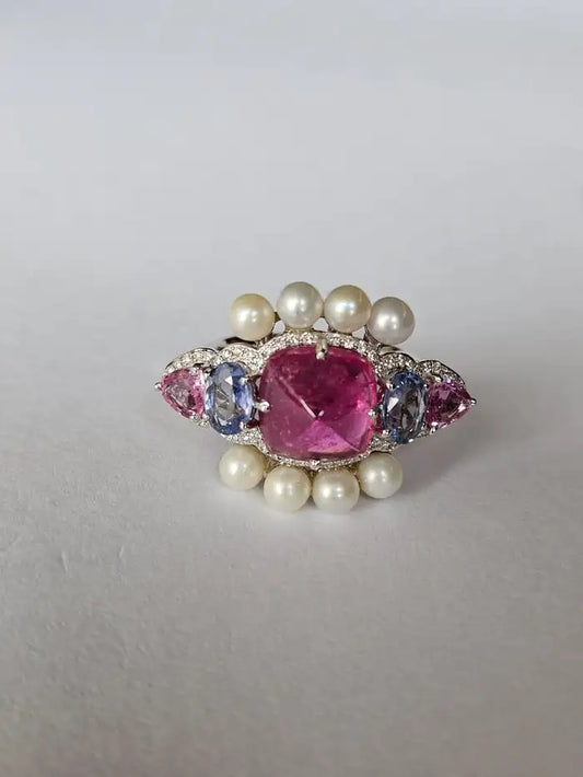 Natural Tourmaline & Multi Sapphire Ring - 18k White Gold Diamond Ring - Fresh Water Pearl Ring