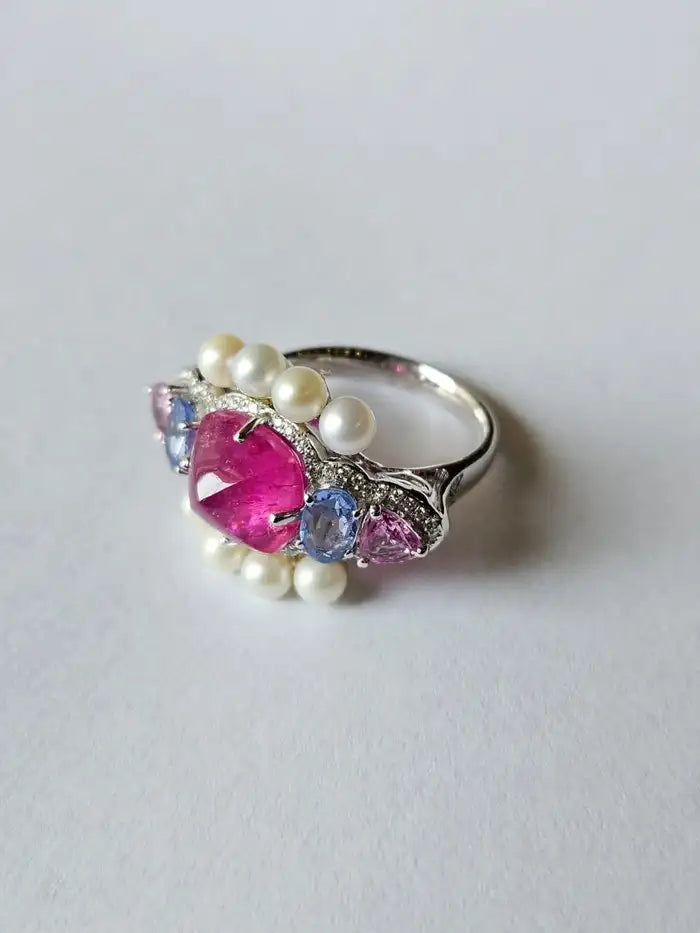Natural Tourmaline & Multi Sapphire Ring - 18k White Gold Diamond Ring - Fresh Water Pearl Ring