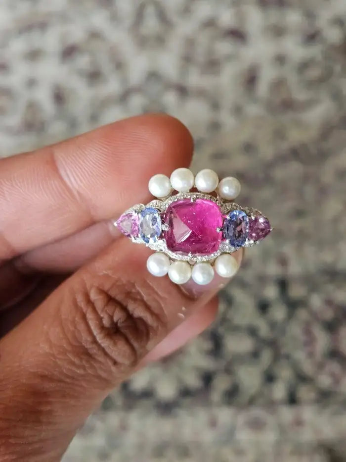 Natural Tourmaline & Multi Sapphire Ring - 18k White Gold Diamond Ring - Fresh Water Pearl Ring