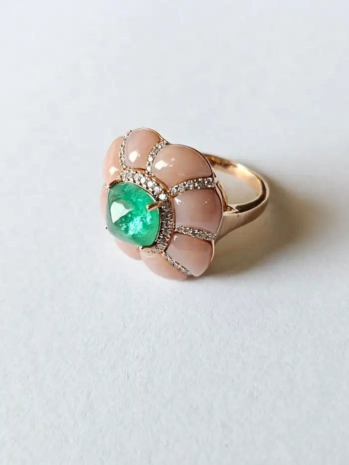 18k Rose Gold Diamond Ring - Pink Opal & Emerald Sugarloaf Cocktail Ring - Handmade Gold Diamond Ring