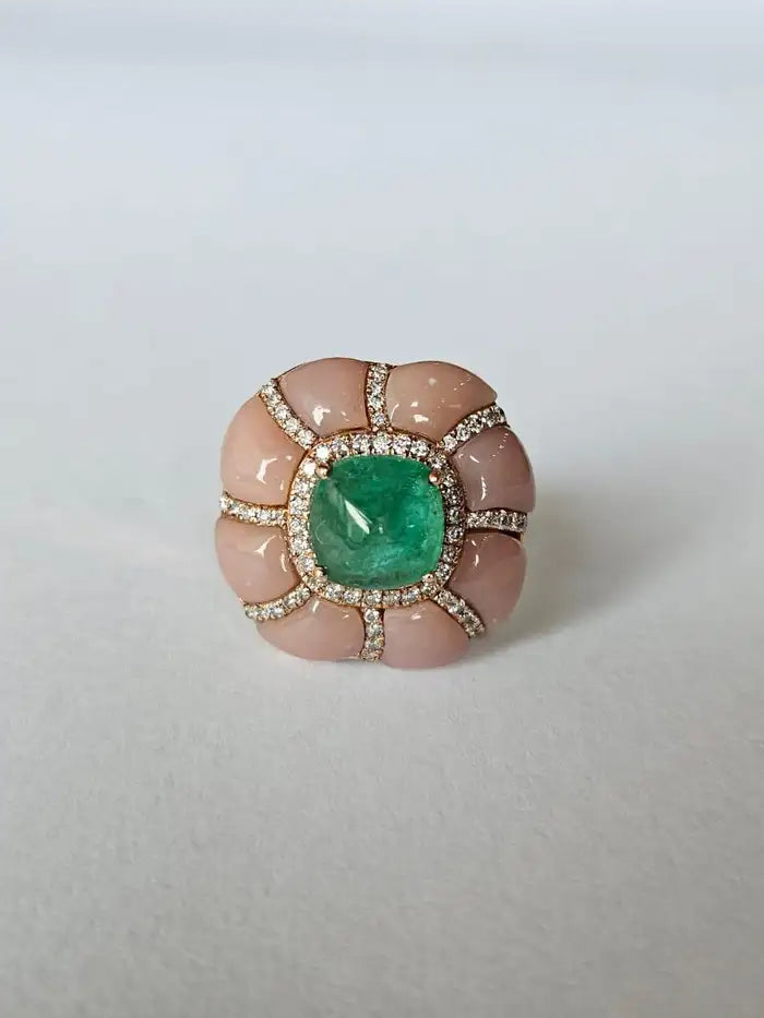 18k Rose Gold Diamond Ring - Pink Opal & Emerald Sugarloaf Cocktail Ring - Handmade Gold Diamond Ring