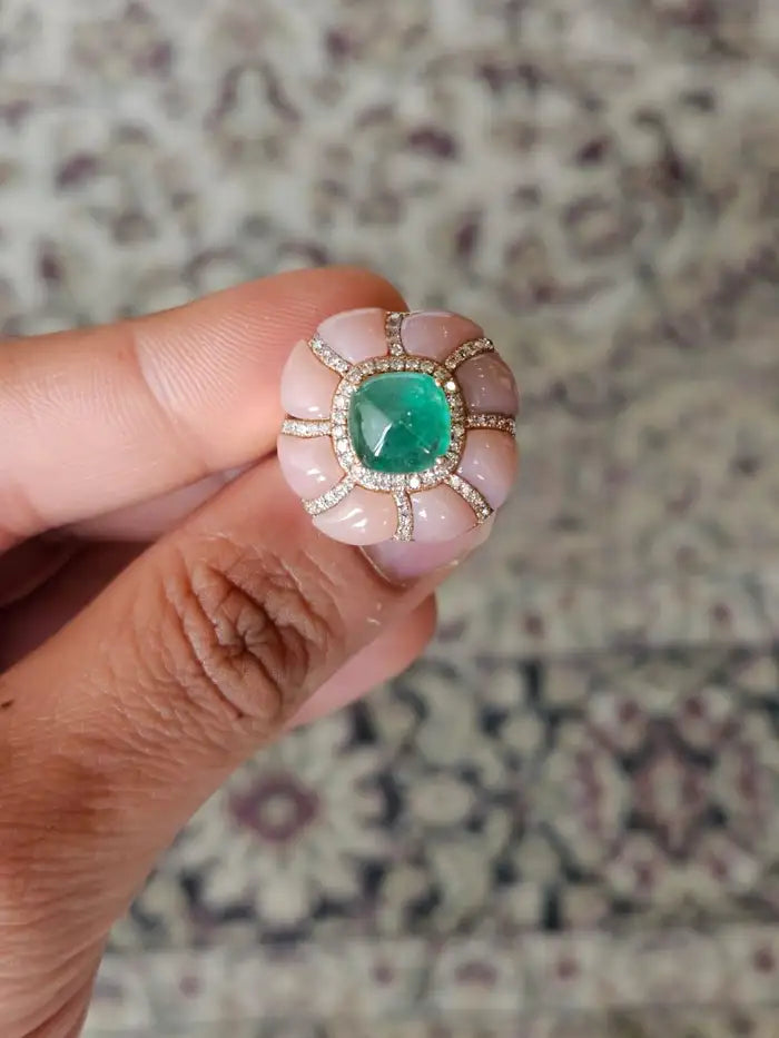18k Rose Gold Diamond Ring - Pink Opal & Emerald Sugarloaf Cocktail Ring - Handmade Gold Diamond Ring