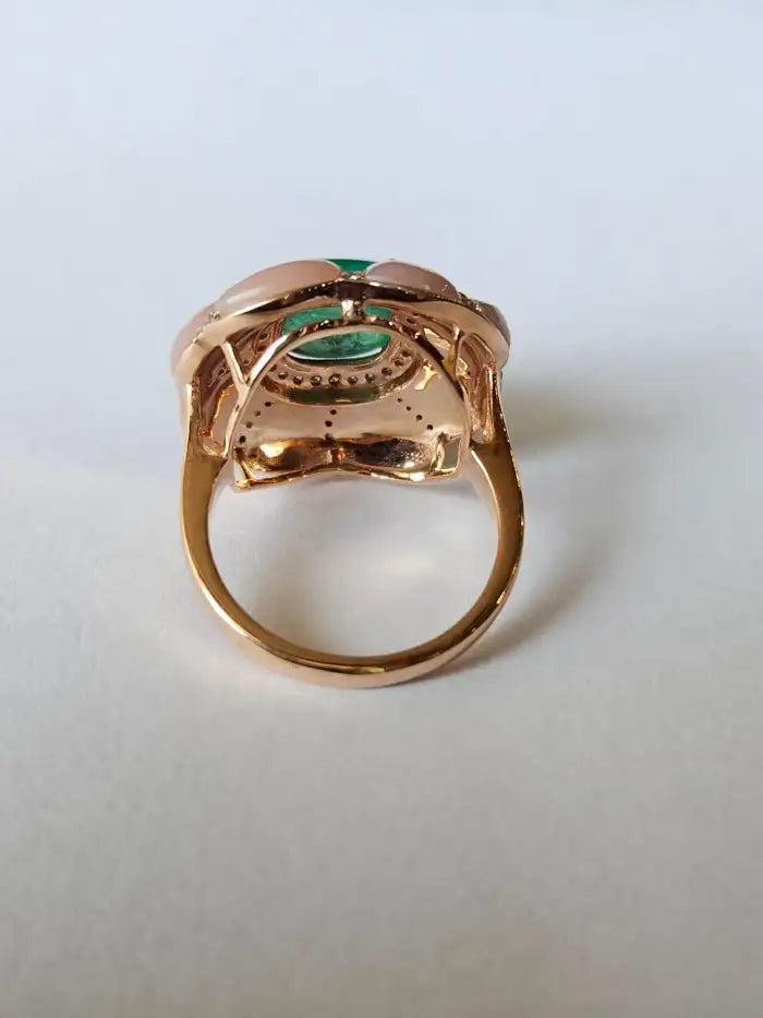 18k Rose Gold Diamond Ring - Pink Opal & Emerald Sugarloaf Cocktail Ring - Handmade Gold Diamond Ring
