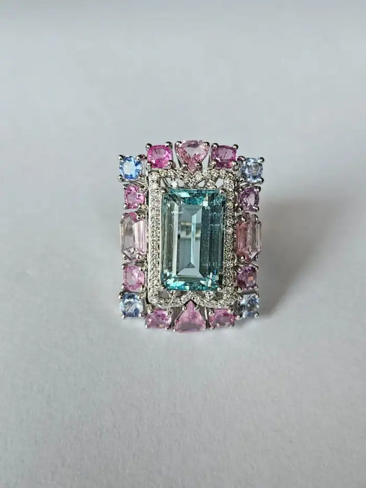 Natural Aquamarine & Multi Sapphire Cocktail Ring - Handmade 18k White Gold Diamond Ring