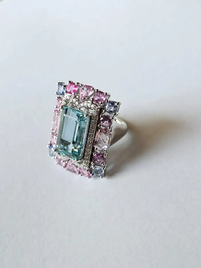 Natural Aquamarine & Multi Sapphire Cocktail Ring - Handmade 18k White Gold Diamond Ring
