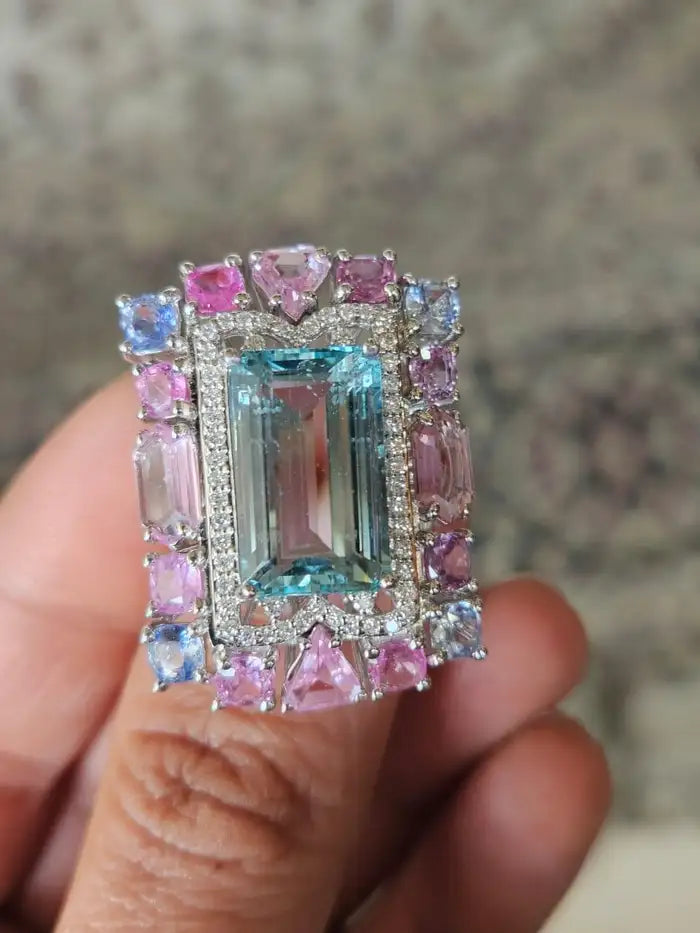Natural Aquamarine & Multi Sapphire Cocktail Ring - Handmade 18k White Gold Diamond Ring