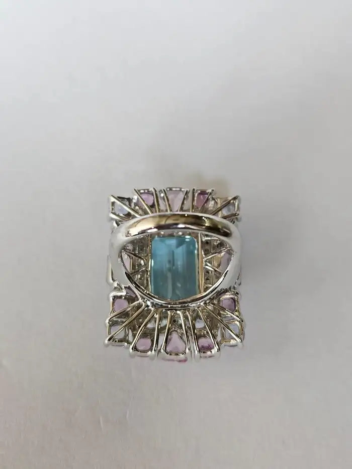 Natural Aquamarine & Multi Sapphire Cocktail Ring - Handmade 18k White Gold Diamond Ring