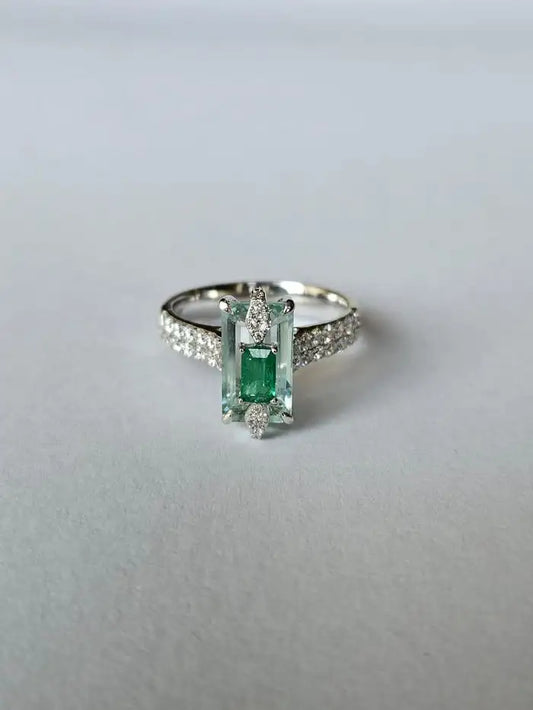 Emerald & Diamond Engagement Ring - 18k White Gold Diamond Engagement Ring