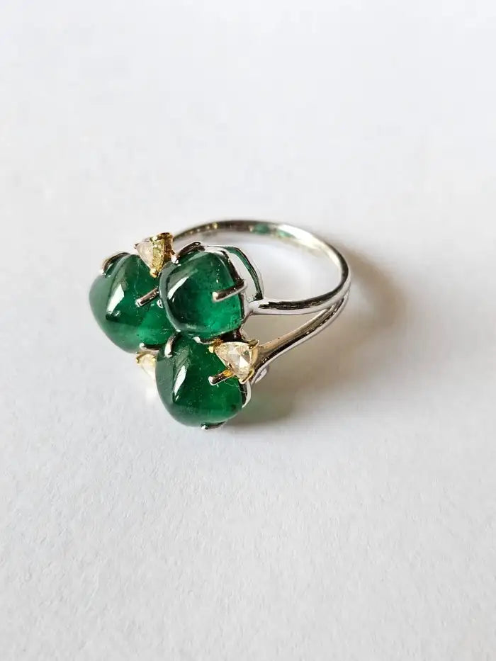 18k White Gold Diamond Ring - Natural 9.04 Ct. Zambian Emerald Sugarloaf Ring - Gold Diamond Ring
