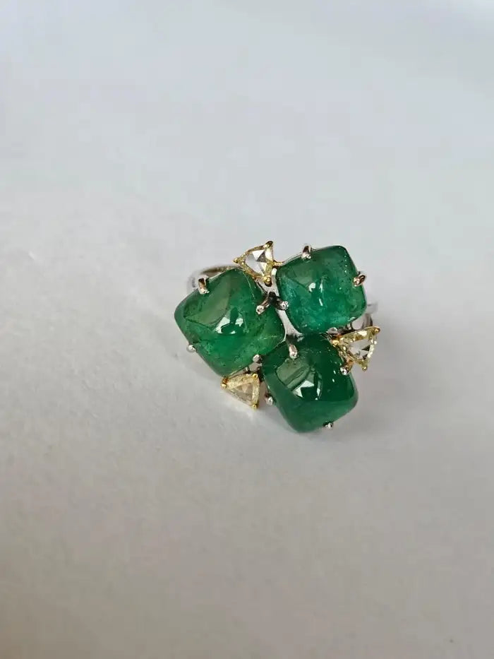 18k White Gold Diamond Ring - Natural 9.04 Ct. Zambian Emerald Sugarloaf Ring - Gold Diamond Ring