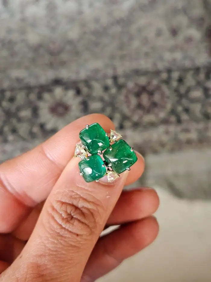18k White Gold Diamond Ring - Natural 9.04 Ct. Zambian Emerald Sugarloaf Ring - Gold Diamond Ring