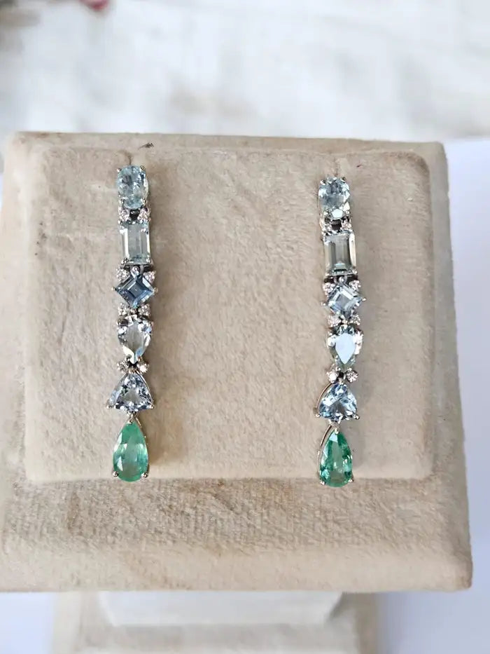 18k White Gold Diamond Chandelier Earrings - Natural Aquamarine & Colombian Emerald Dangle Earrings