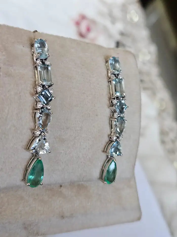 18k White Gold Diamond Chandelier Earrings - Natural Aquamarine & Colombian Emerald Dangle Earrings