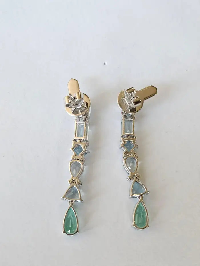 18k White Gold Diamond Chandelier Earrings - Natural Aquamarine & Colombian Emerald Dangle Earrings