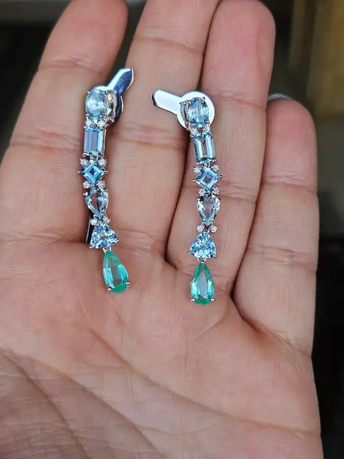 18k White Gold Diamond Chandelier Earrings - Natural Aquamarine & Colombian Emerald Dangle Earrings