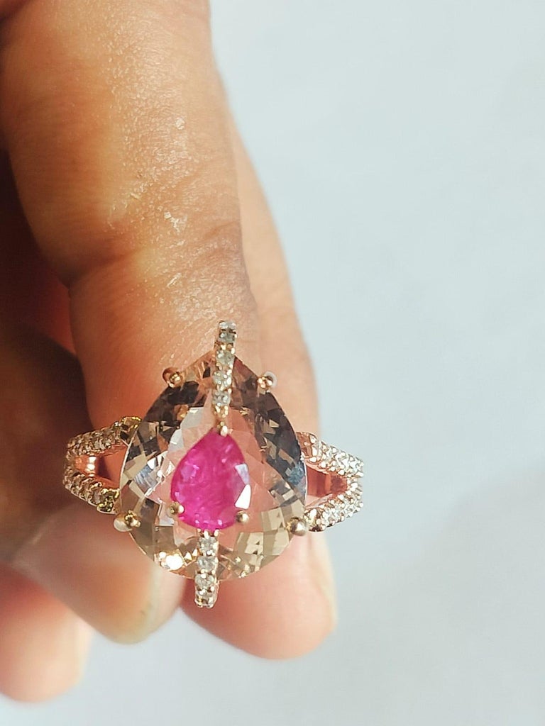 Set in 18K Rose Gold, 4.99 carats, Morganite, Ruby & Diamonds Engagement Ring