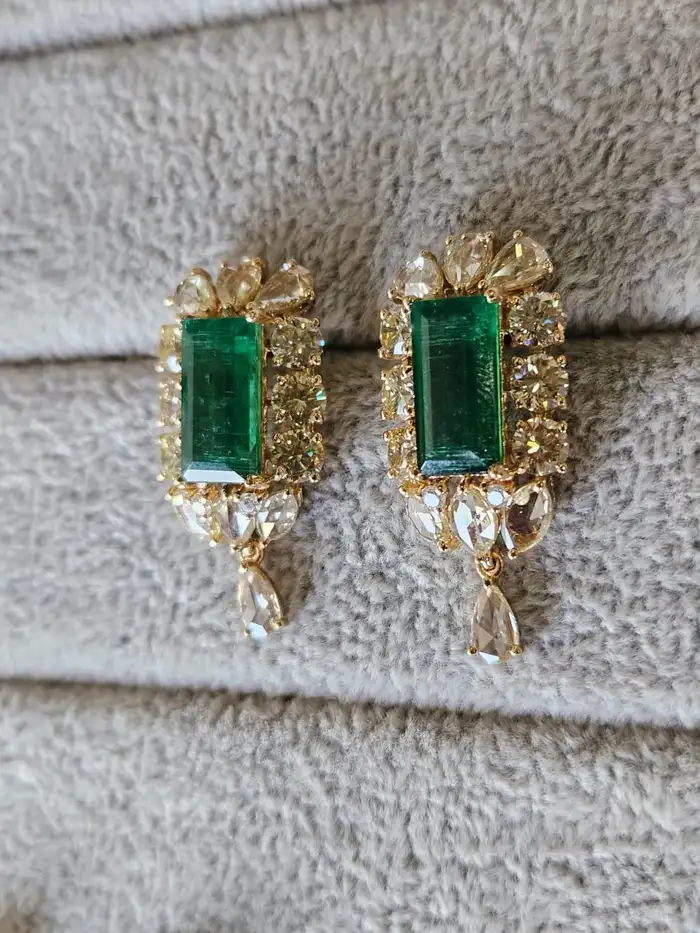 Natural Yellow Rose Cut Diamond Dangle Earrings - Solid 18k Yellow Gold Earrings With Zambian Emerald