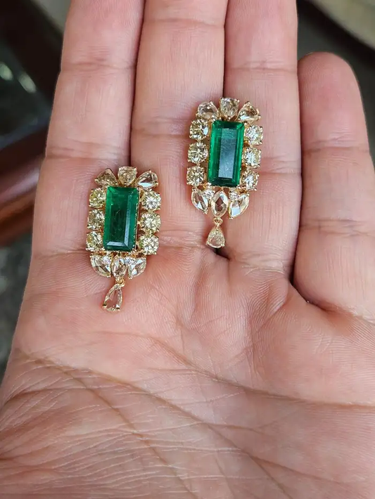 Natural Yellow Rose Cut Diamond Dangle Earrings - Solid 18k Yellow Gold Earrings With Zambian Emerald