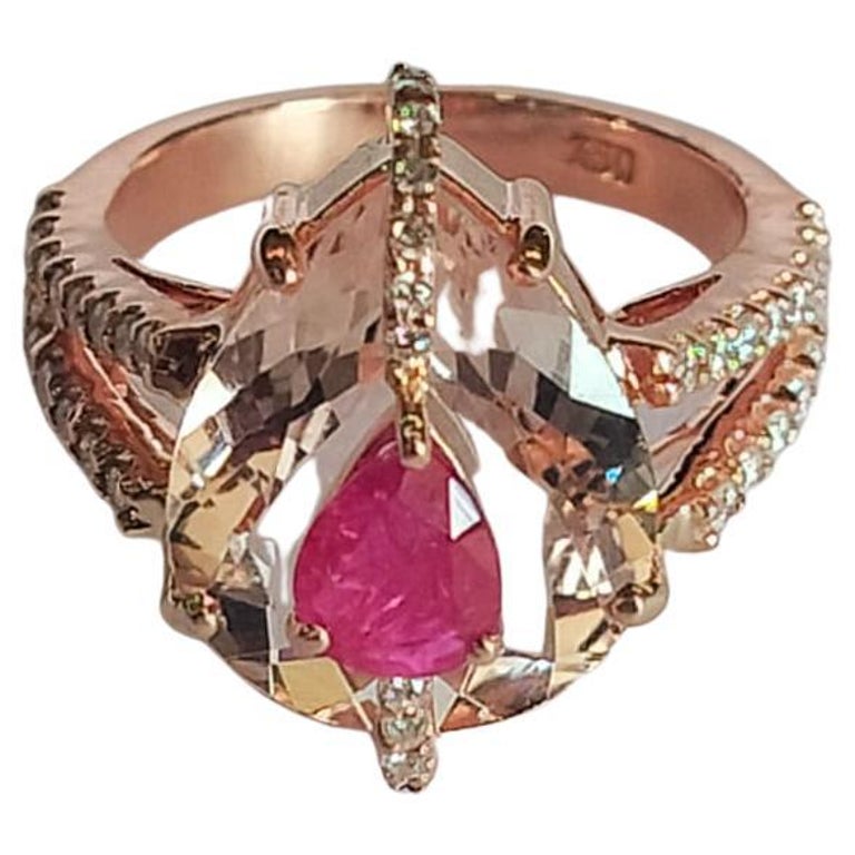 Set in 18K Rose Gold, 4.99 carats, Morganite, Ruby & Diamonds Engagement Ring
