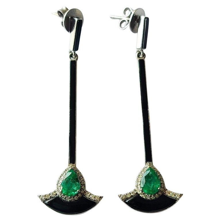 1.21 carats Natural Emerald, Black Enamel & Diamonds Chandelier Earrings