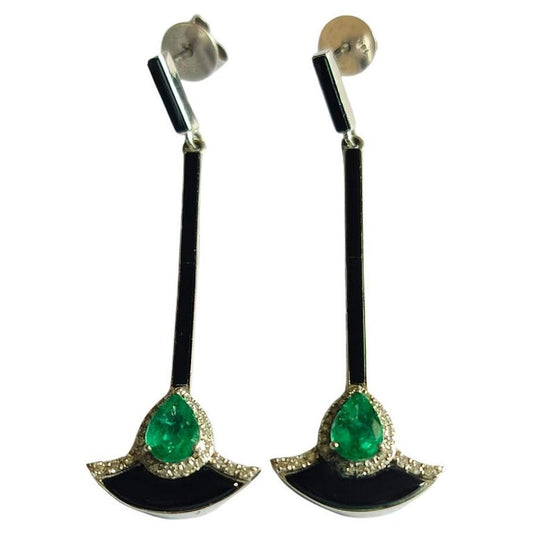 1.21 carats Natural Emerald, Black Enamel & Diamonds Chandelier Earrings