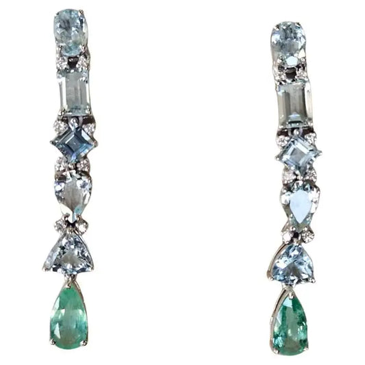 18k White Gold Diamond Chandelier Earrings - Natural Aquamarine & Colombian Emerald Dangle Earrings
