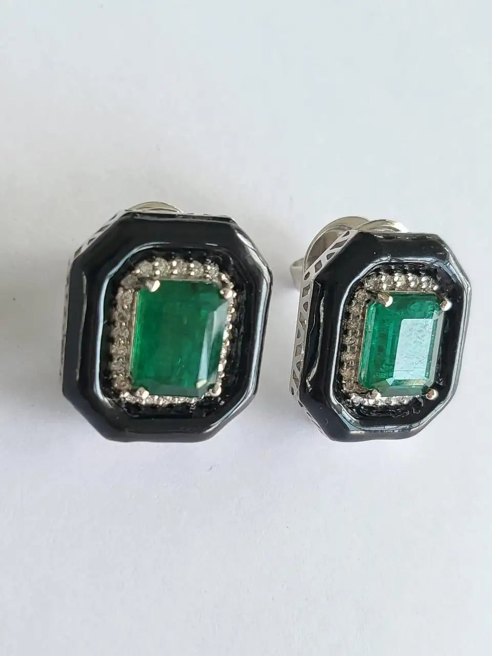 Diamonds & Black Enamel Stud Earrings