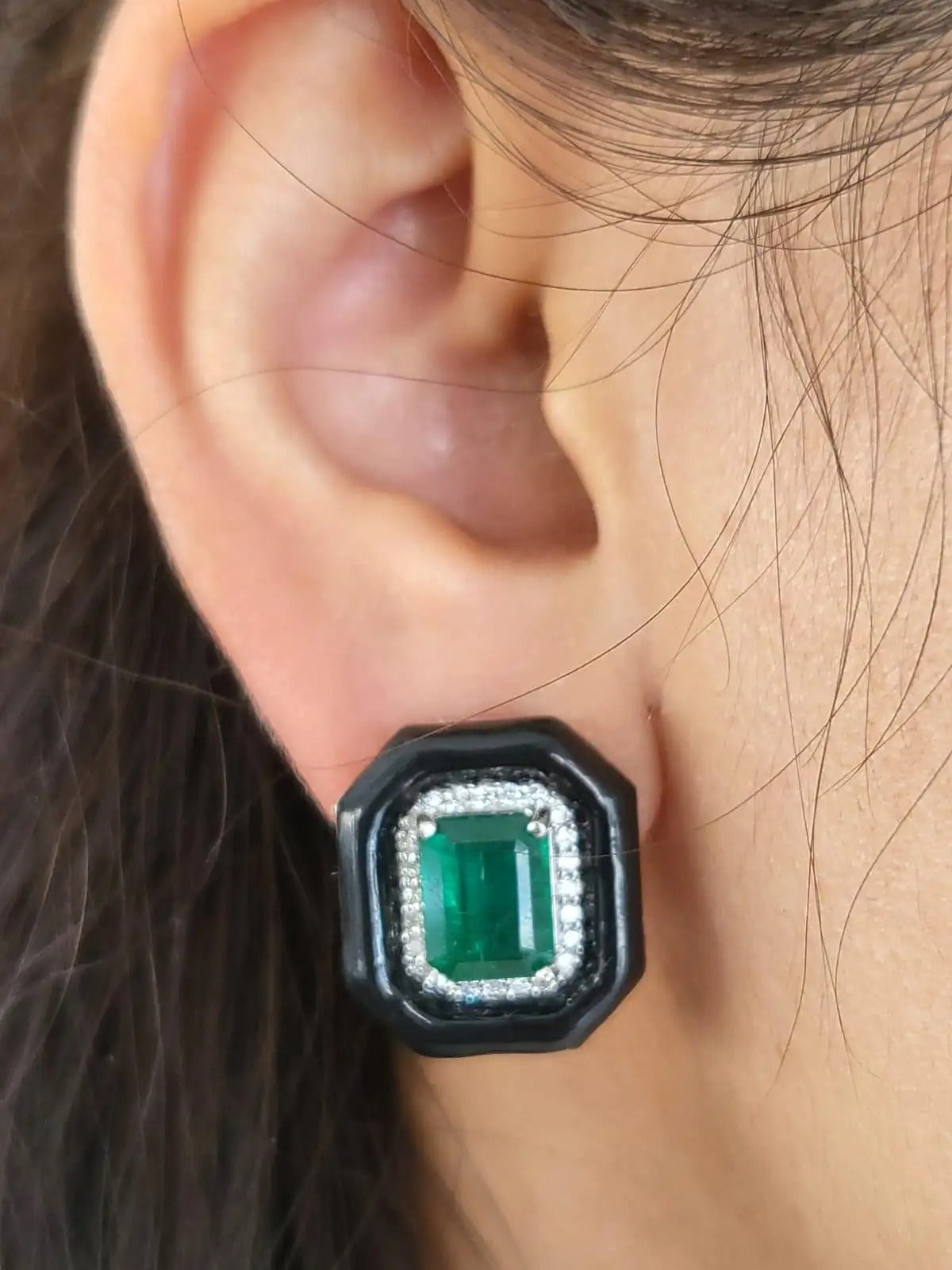 Diamonds & Black Enamel Stud Earrings